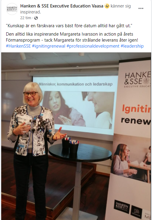 Margareta Ivarsson föreläser vid Hanken i Vasa