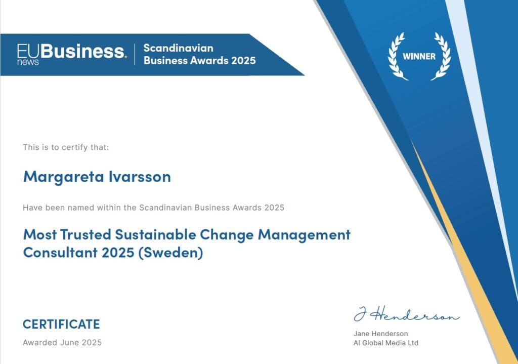 Signed Award Most Trusted Sustainable Change Management Consultant 2025. 